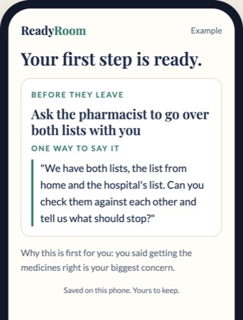 One ReadyRoom screen: a first step with the words to say